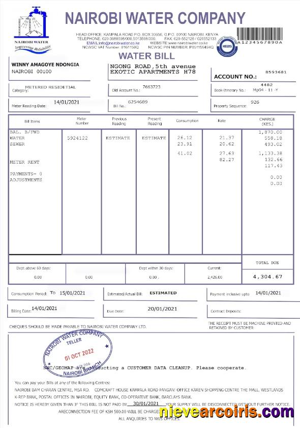 KENYA NAIROBI WATER utility bill